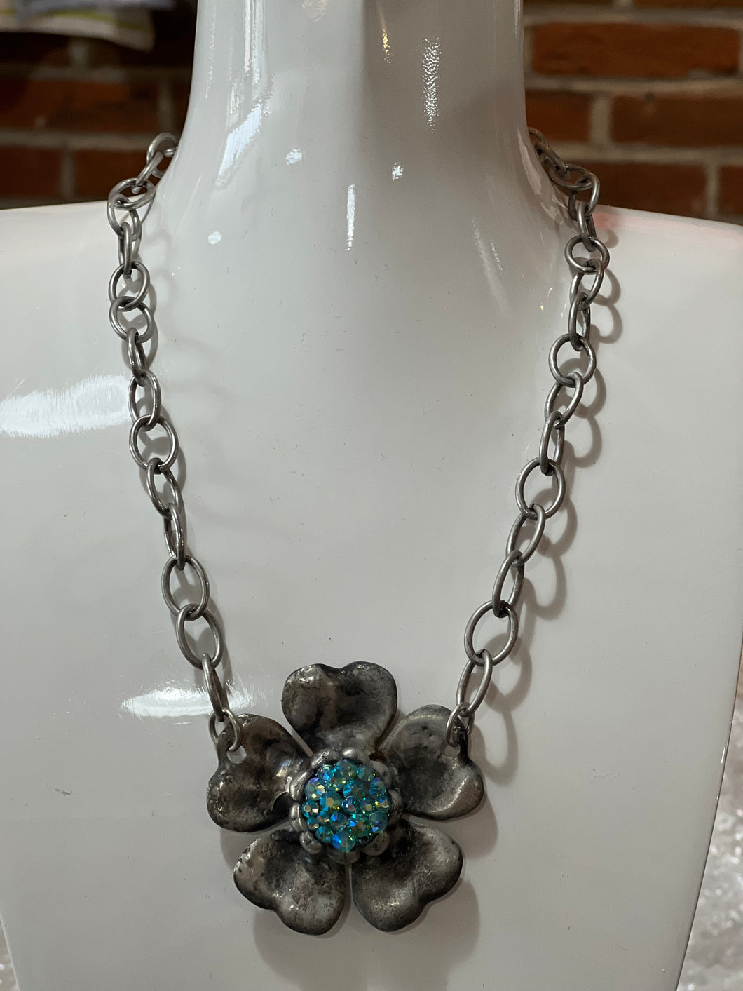 Art by Amy Blue Rhinestone Flower Necklace