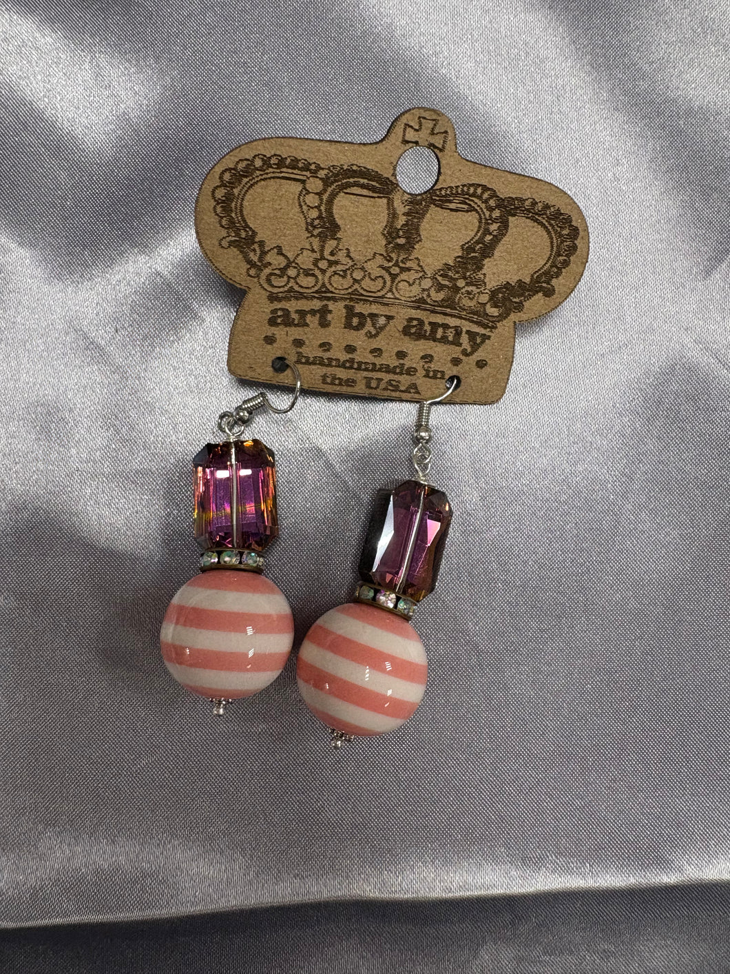 Art by Amy Pink and White Striped Bead Earrings
