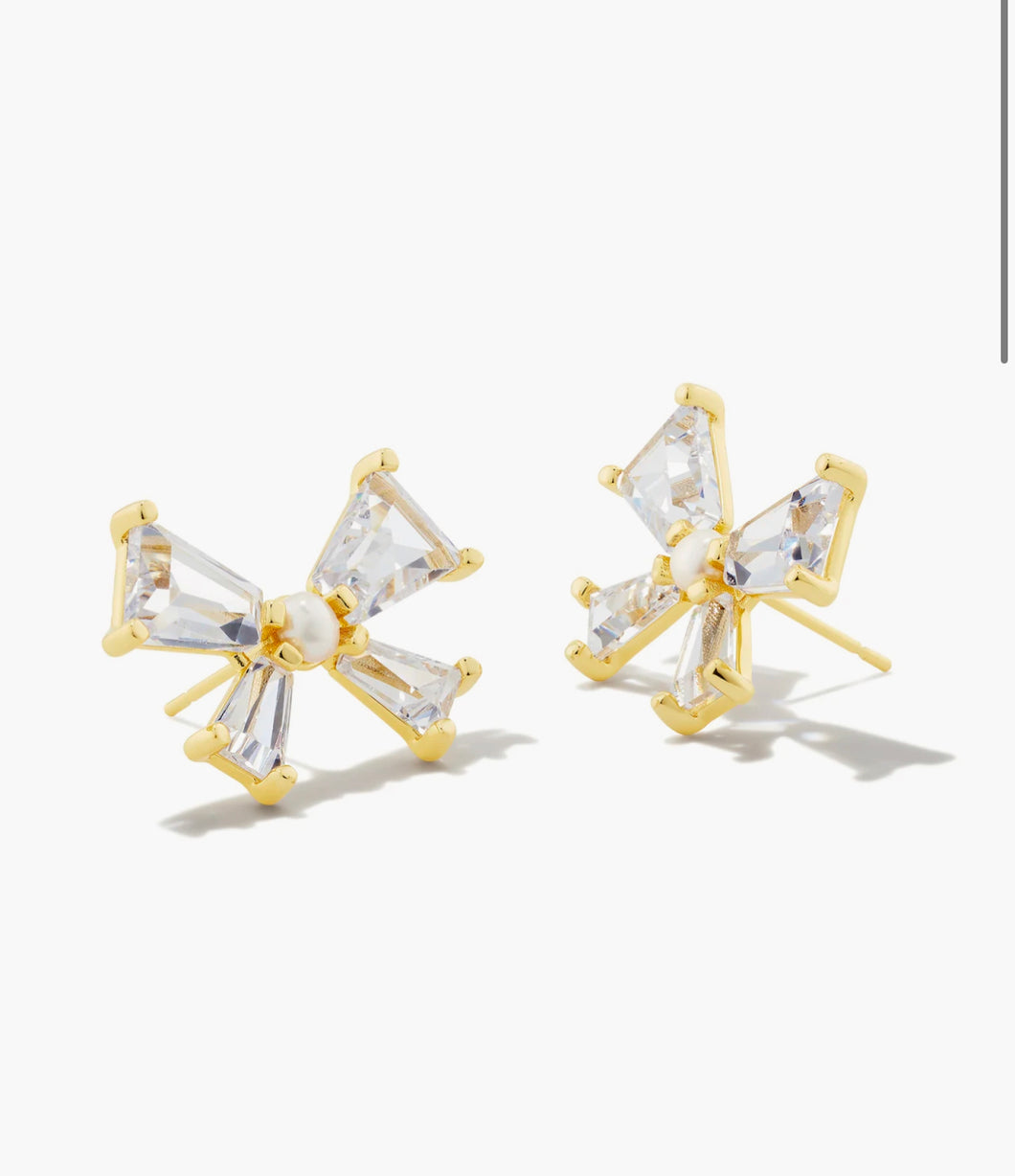 Kendra Scott Blair Gold Bow Stud Earrings in White Crystal