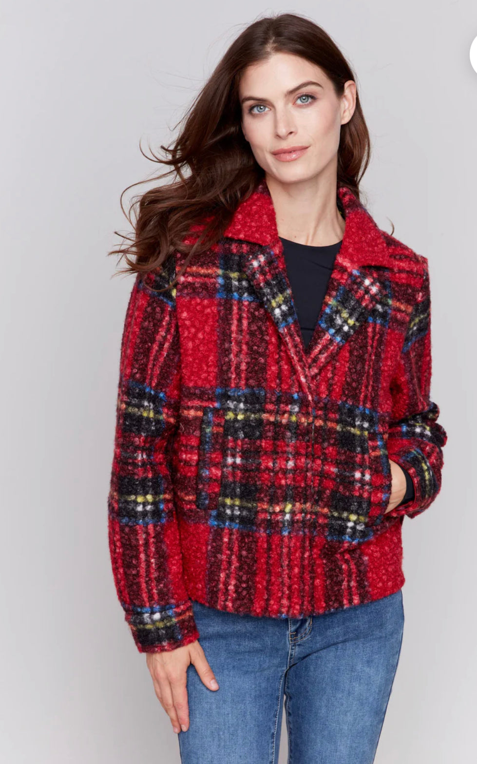 Charlie B Plaid Bouclé Knit Short Coat - Cranberry – Manhattan