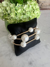 Load image into Gallery viewer, Chunky Pearl accent metal ball beaded stretch, multi layered bracelet and cream and gold
